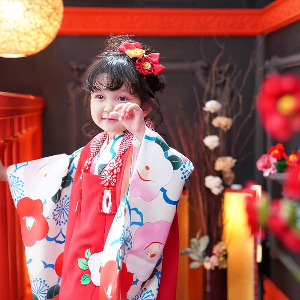 Amazon | [京都瑠璃雛菊] 七五三 着物 女の子 3歳 被布セット 椿 赤 白